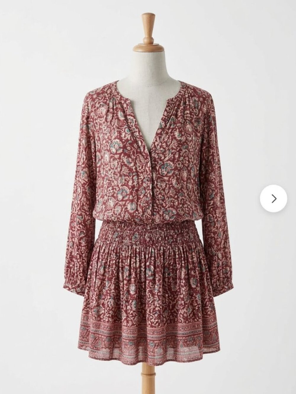 Faherty Montara Dress Merlot Floral Long Sleeve Dress Smocked Size Large